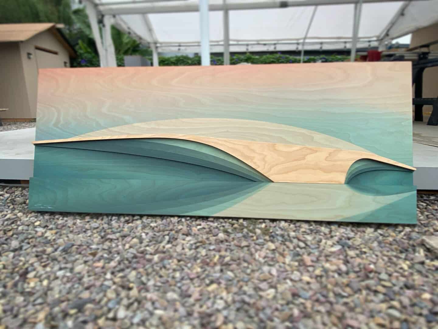 wave art sculpture, surf art, 3d wave sculpture, carving waves in wood