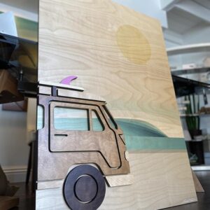 wood wall sculpture, VW van, modern surf art, surf art gallery